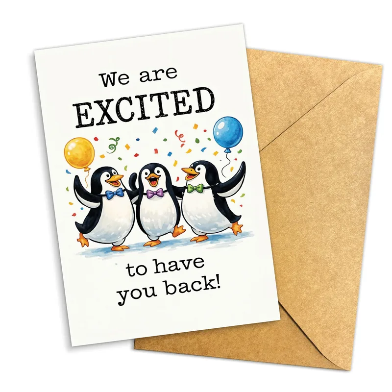 Excited to Have You Back Card: Three Penguins Celebrate