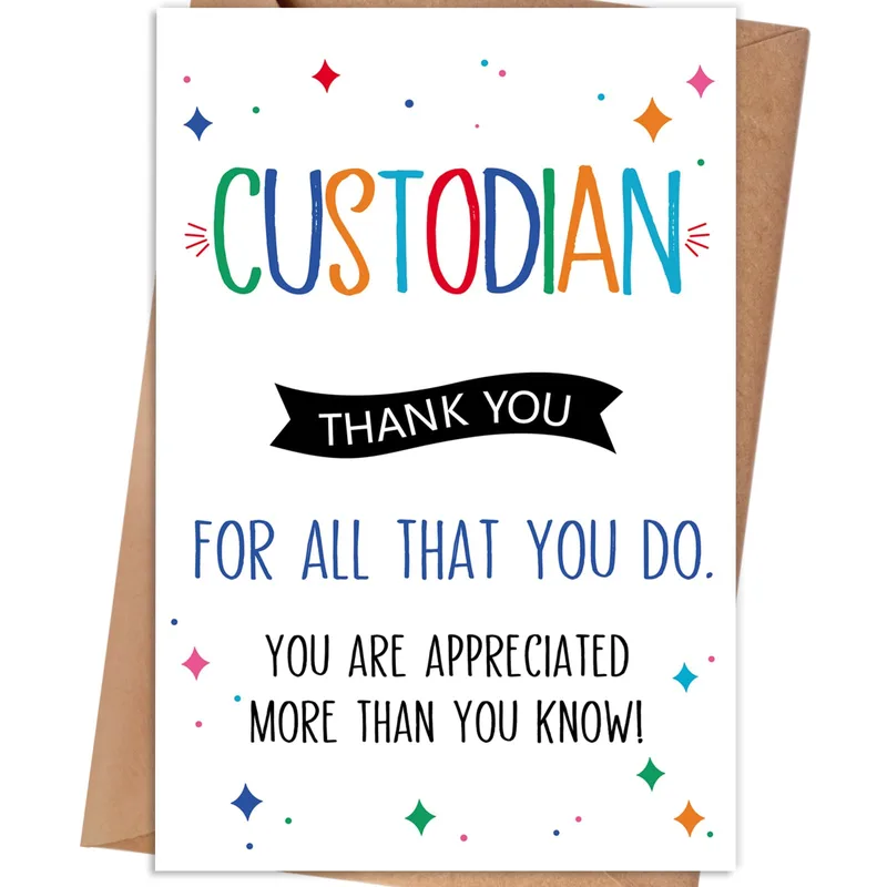 Custodian Thank You Card with Colorful Sparkle Text