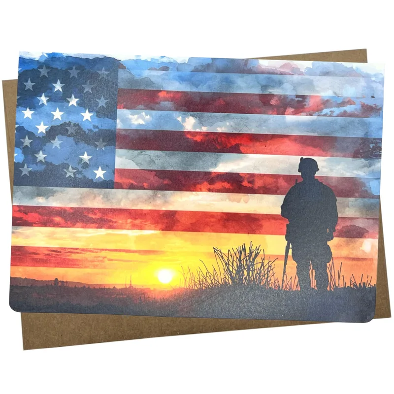Military Veteran Card: Flag and Soldier at Sunset