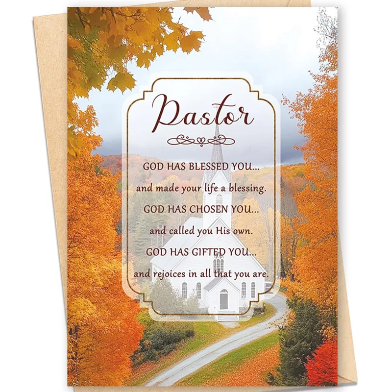 Religious Pastor Card with an Autumn Church Scene