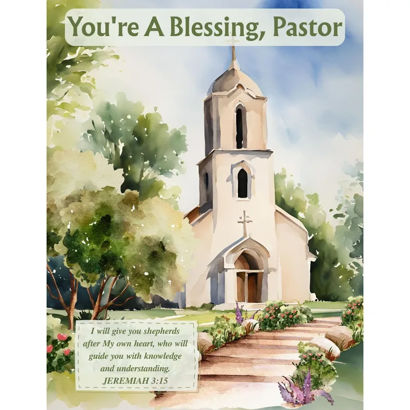 Blessing Pastor Card – Watercolor church with path and text You're A Blessing, Pastor – Greeting Card in black