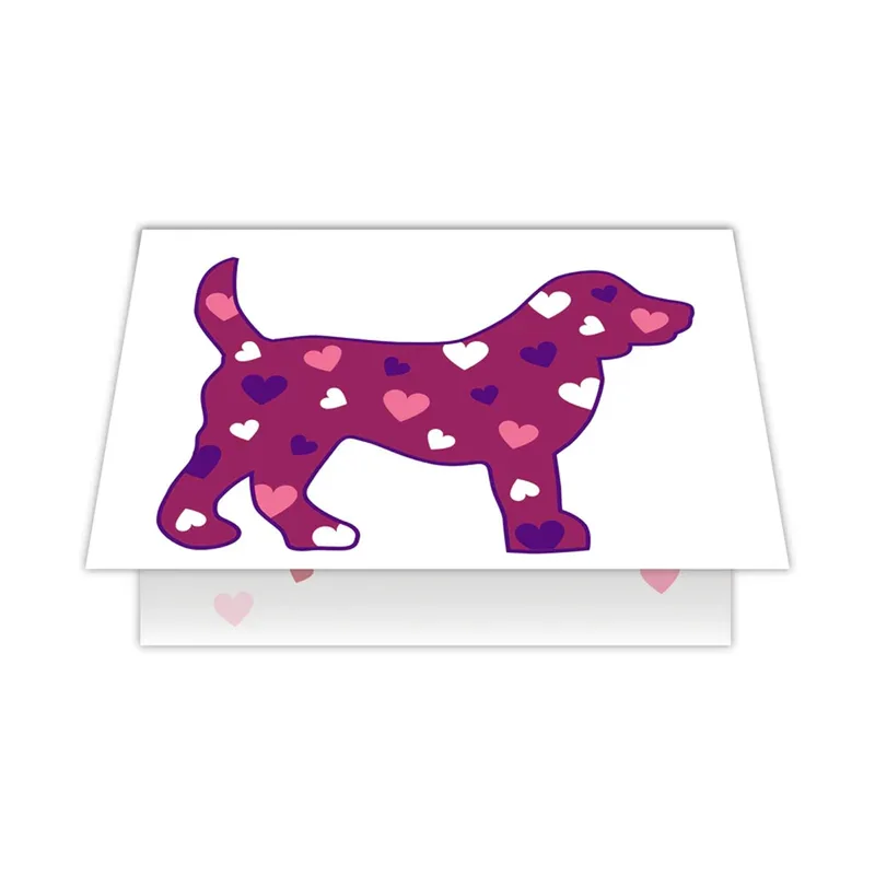 Heart Dog Card – Purple dog silhouette covered in pink, white and purple hearts – Greeting Card in black