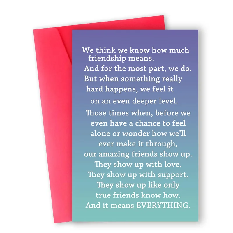 Friends Show Up Card – Purple to teal gradient card with white text about friends showing up – Greeting Card in black