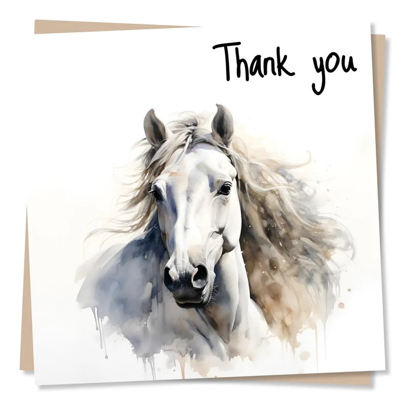 Horse Lover Thank You Card with a White Horse Watercolor