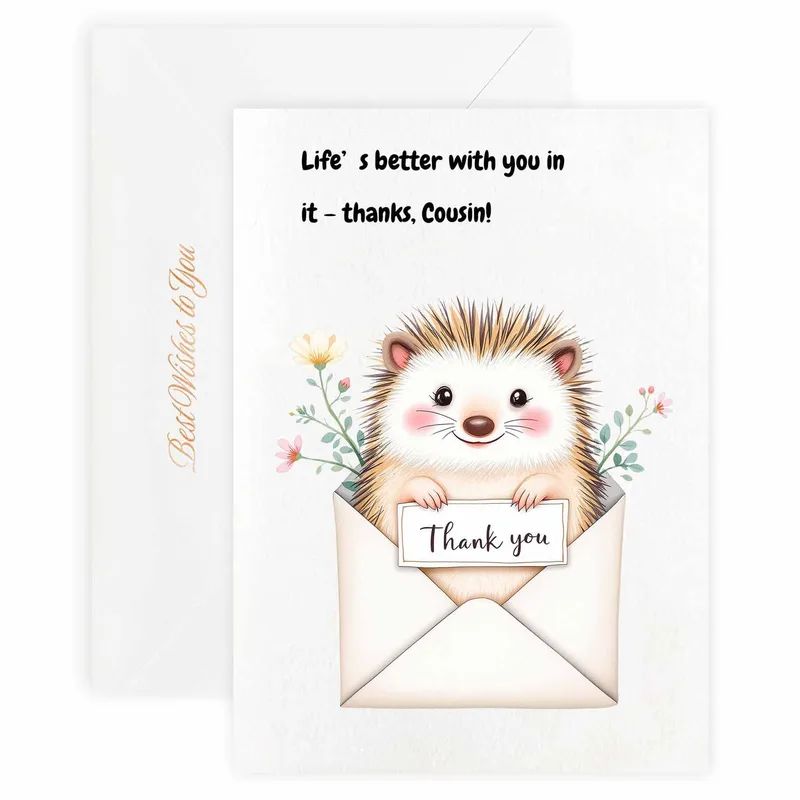 Cousin Thank You Card: Hedgehog Peeking From an Envelope