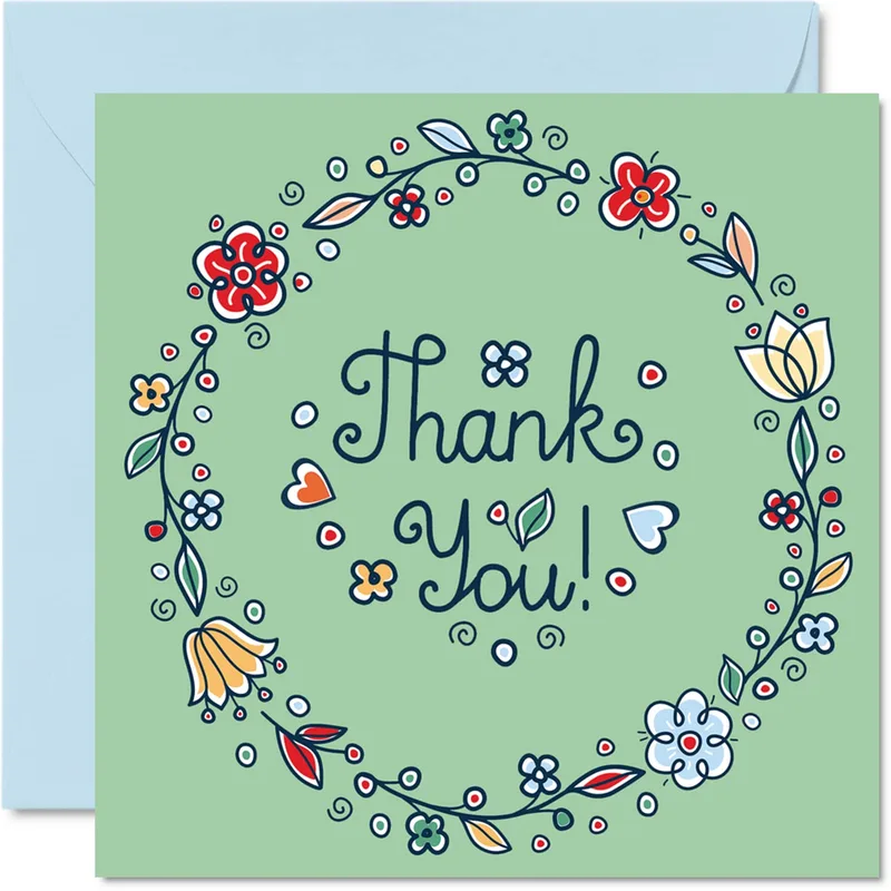 Floral Wreath Thank You Card: Green Ring of Blooms and Hearts