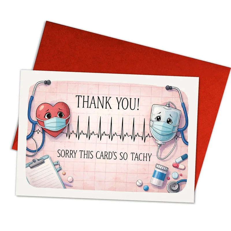 Heart Nurse Thank You Card – Thank You card with masked cartoon heart, IV bag and heartbeat line – Greeting Card in black