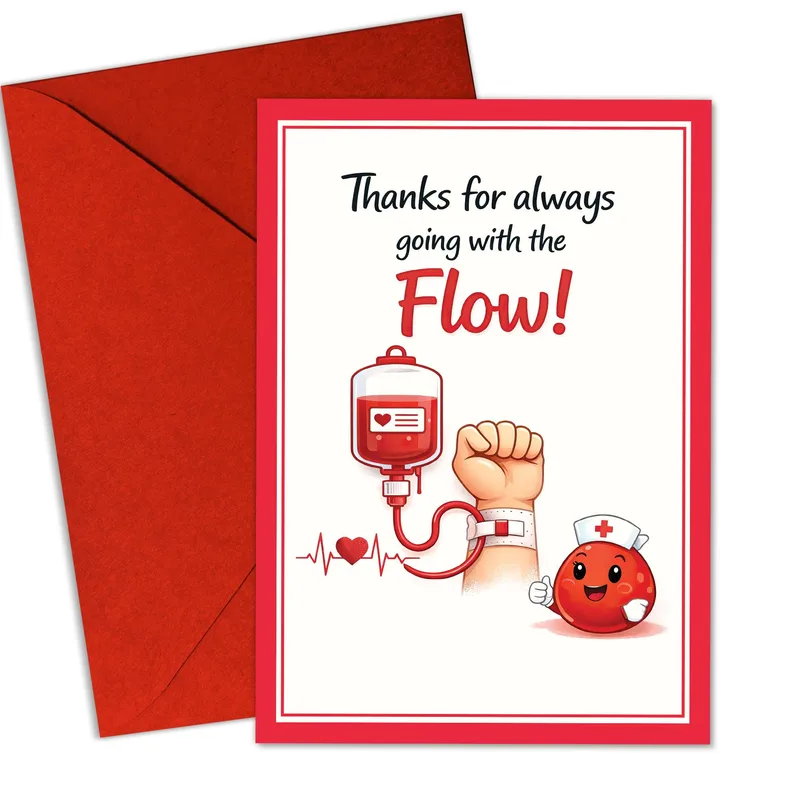 Blood Donor Card – Thanks for always going with the Flow! card with blood bag and drop – Greeting Card in black