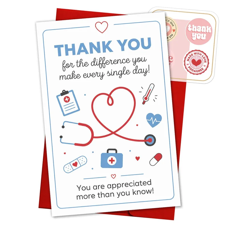 Healthcare Worker Appreciation Card – Thank you card with red stethoscope heart and medical icons – Greeting Card in black