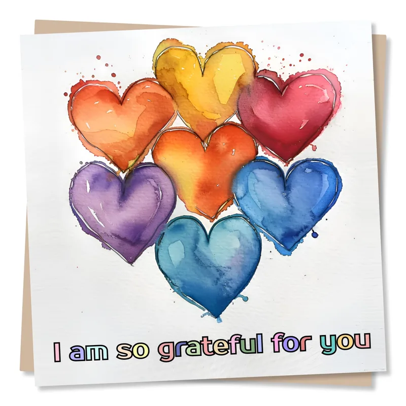 Thank You Hearts Card: Grateful for You in Watercolor