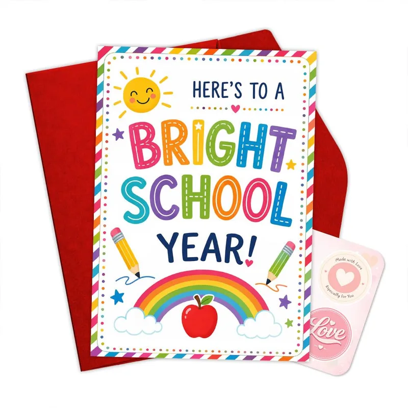Bright School Year Card – Here's to a with rainbow and apple – Greeting Card in natural