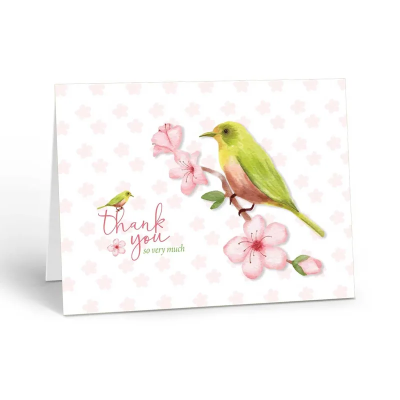 Pink Blossom Thank You Card with a Green Bird