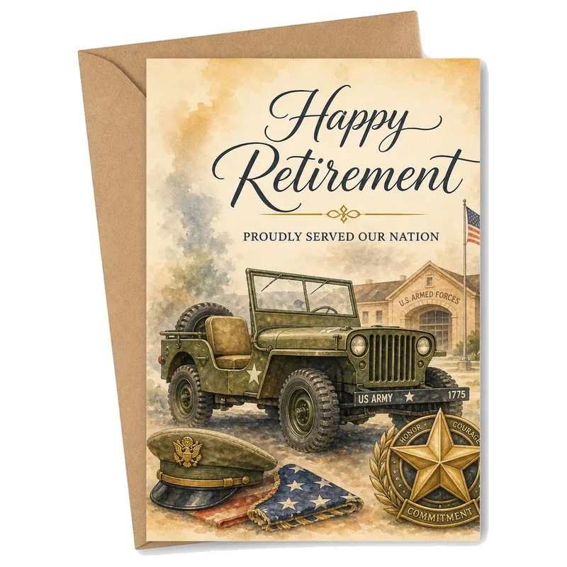 Military Retirement Card with a Vintage Army Truck Design