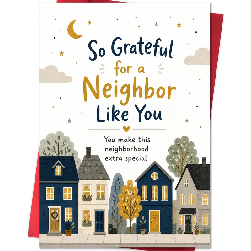 Grateful Neighbor Card with Navy Houses and a Gold Moon