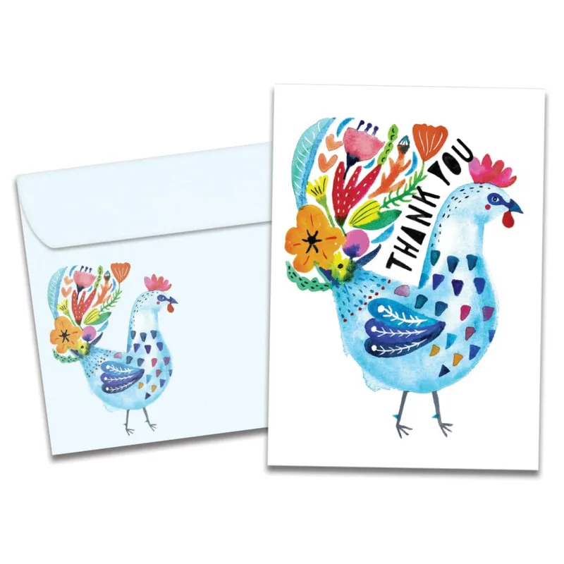 Blue Chicken Thank You Card – Blue watercolor chicken with flower crown and “THANK YOU” text – Greeting Card in black