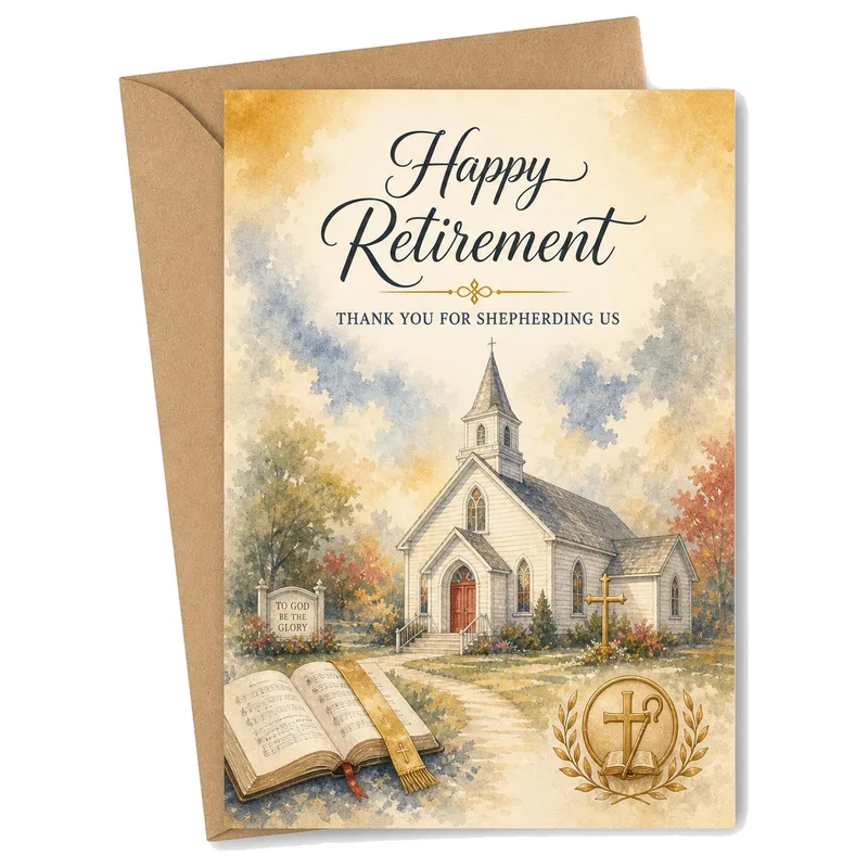 Retirement Pastor Card with a Watercolor Church Scene