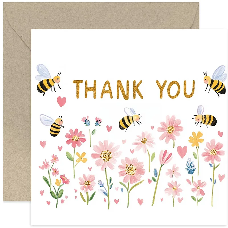 Thank You Bee Card – Thank you card with gold THANK YOU lettering and pink flowers – Greeting Card in black