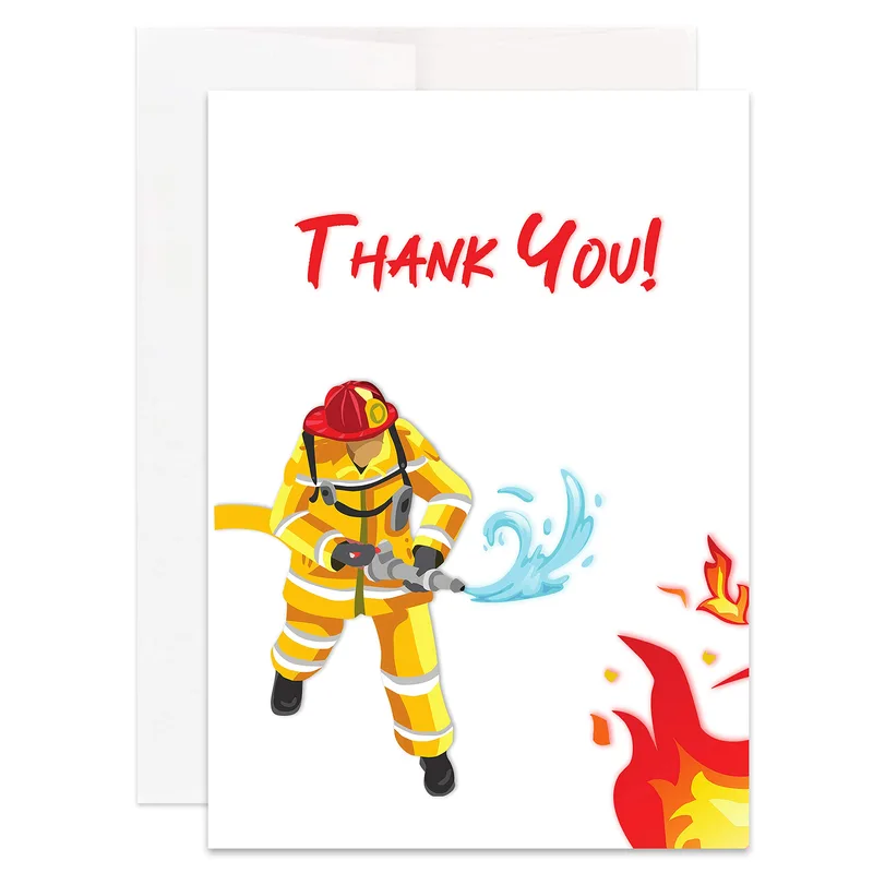 Thank You Firefighter Card – Firefighter in yellow gear hosing flames, Thank You! in red – Greeting Card in black