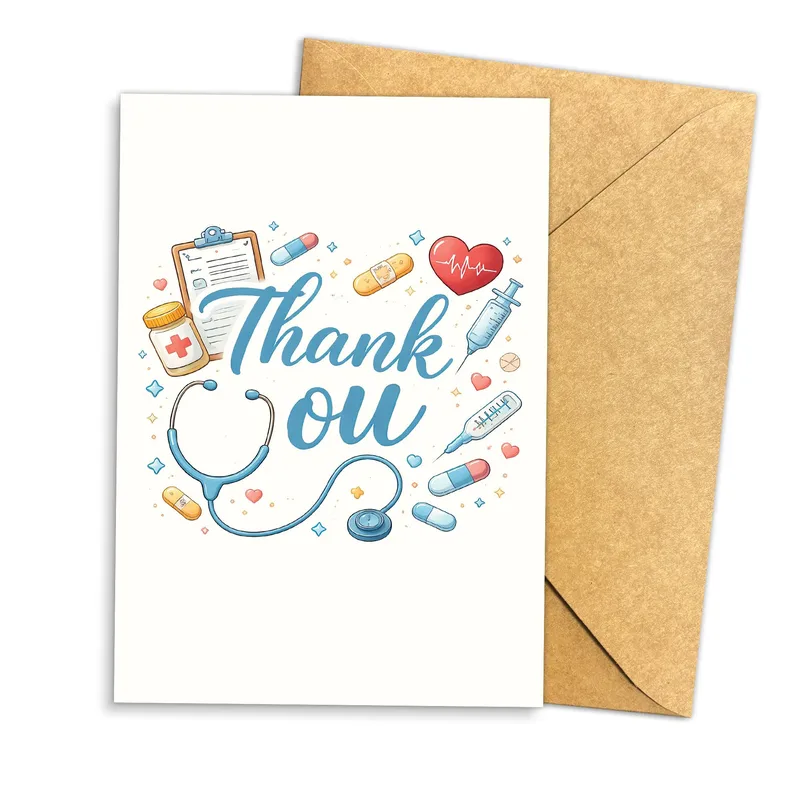 Blue Medical Icons Card: a thank you for caregivers