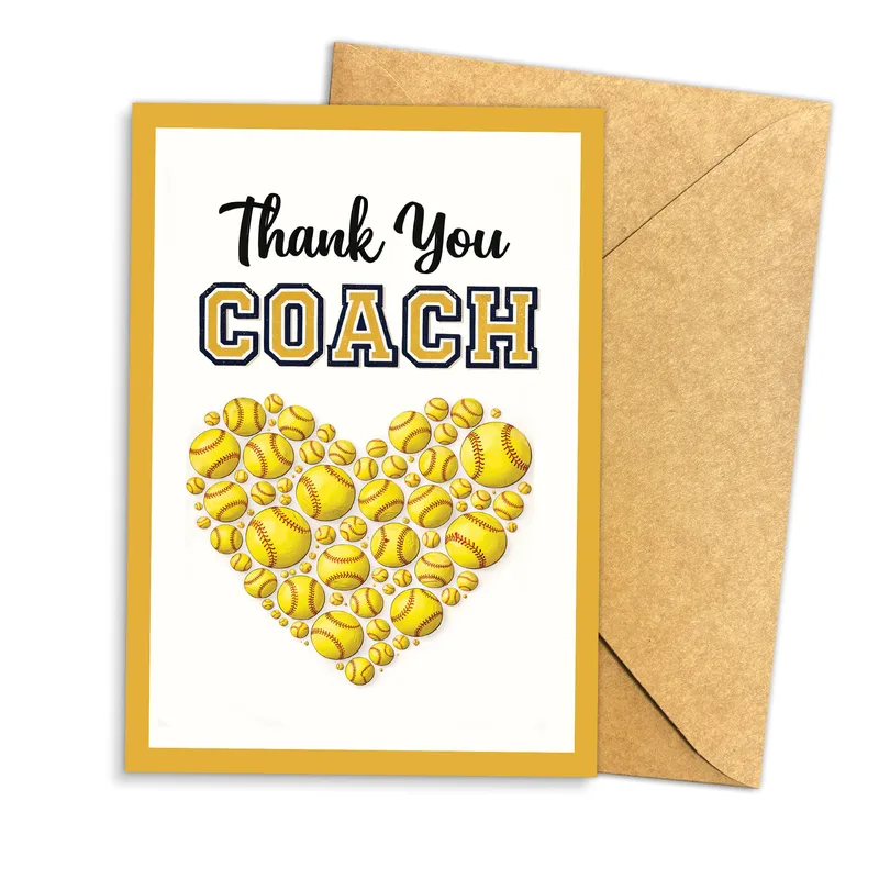 Softball Heart Card – Heart shape made of yellow softballs below Thank You Coach text – Greeting Card in natural