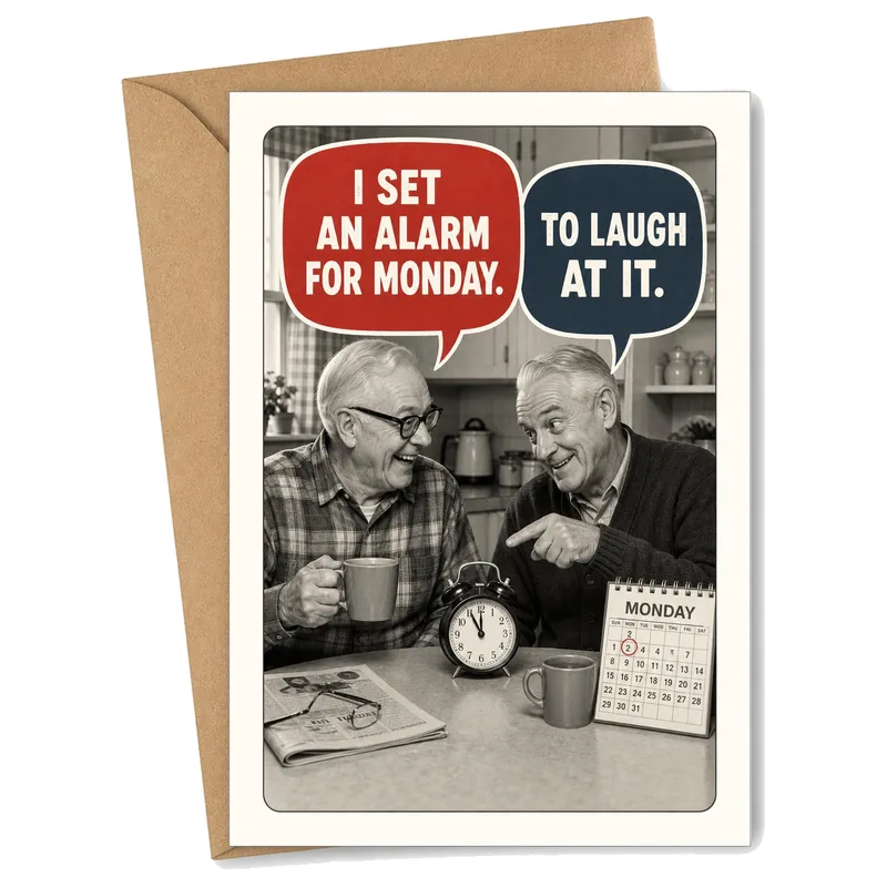Retired Life Humor Card: Alarm Set for Monday