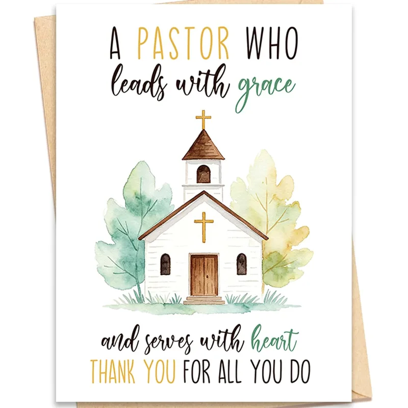 A Pastor Who Leads Card – Watercolor church with gold cross and thank you for pastor text – Greeting Card in black