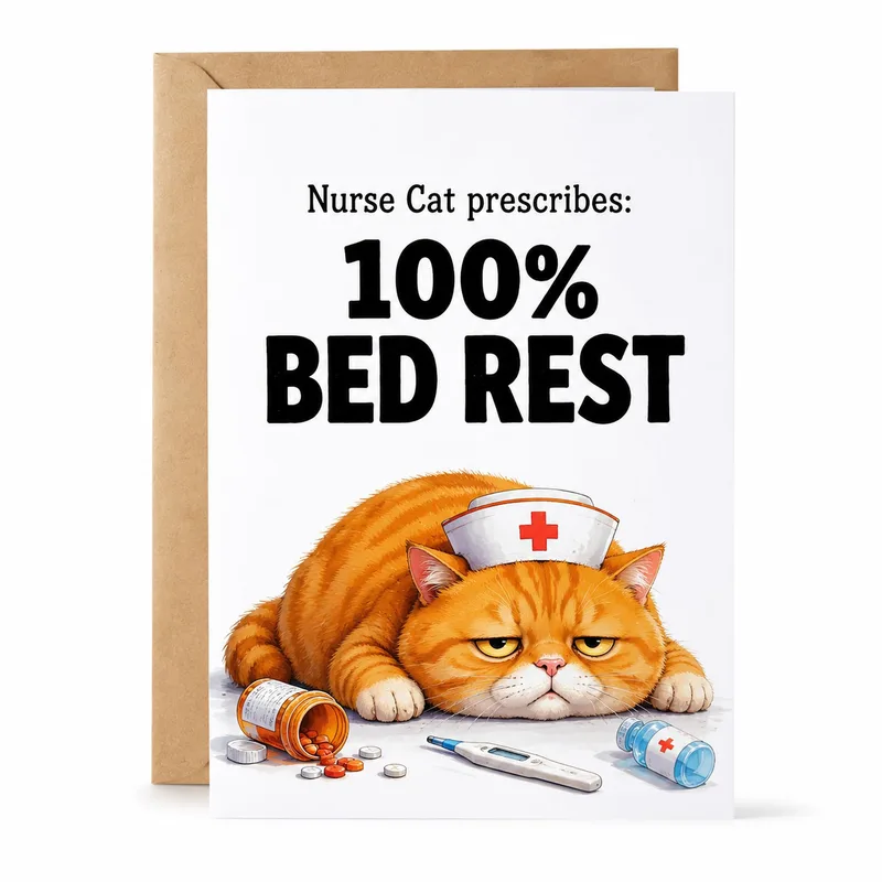 Cat Bed Rest Card for Get Well Soon Wishes
