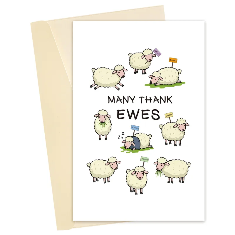 Many Thank Ewes Card: a funny sheep thank you card
