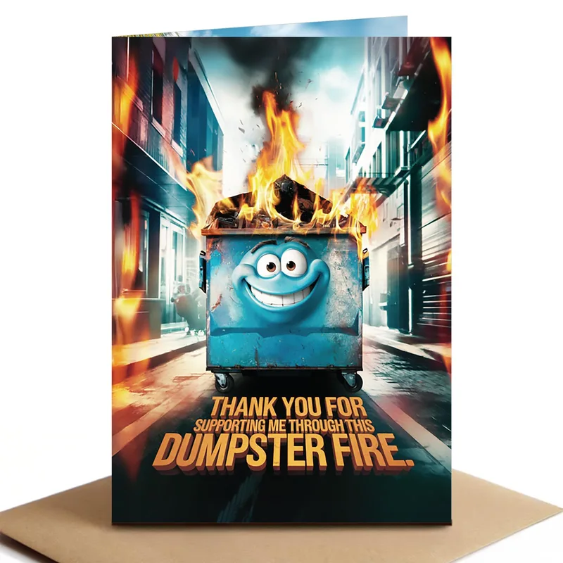 Thank You for Supporting Card: Cartoon Dumpster Fire