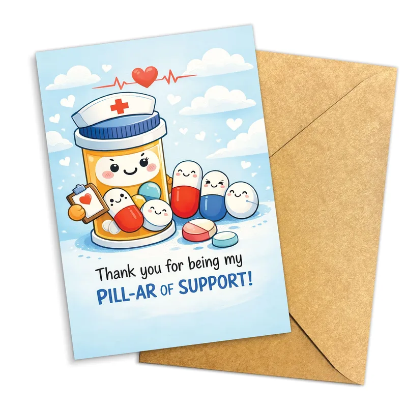 Pillar of Support Card: Cartoon Pill Bottle Thank You