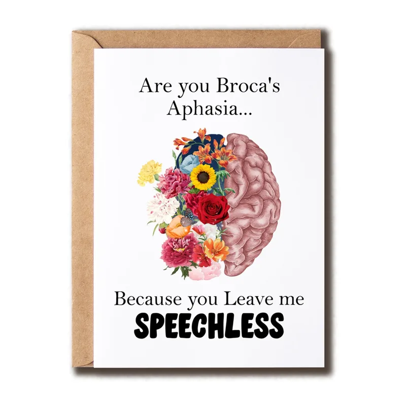 Speechless Love Card – Brain illustration with flowers and the words Are you Broca's Aphasia – Greeting Card in black