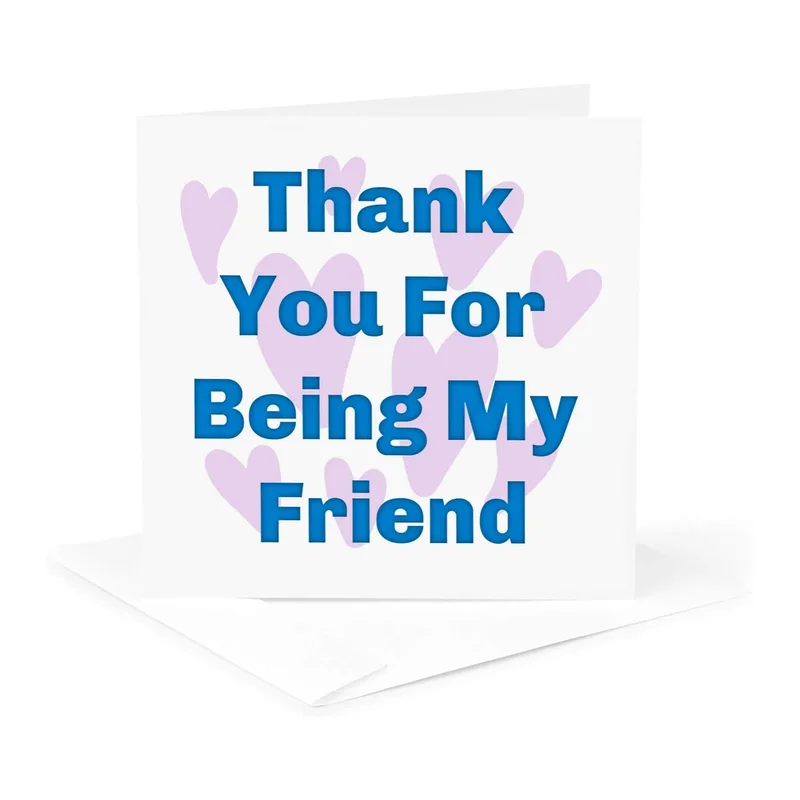 Thanks for Being My Friend Card with Blue Text and Lavender Hearts