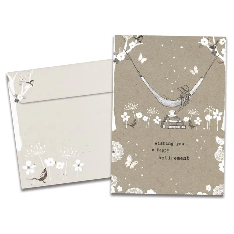 Wishing you a Happy Retirement Card with a hammock line-art scene