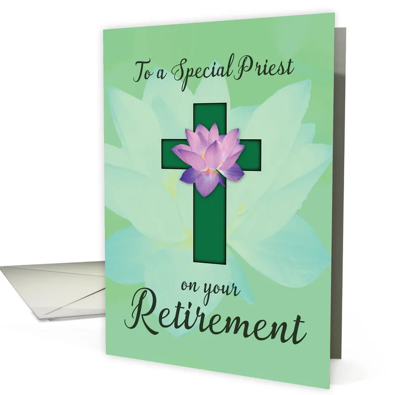 Retired Priest Card: A Green Cross and Lotus Design