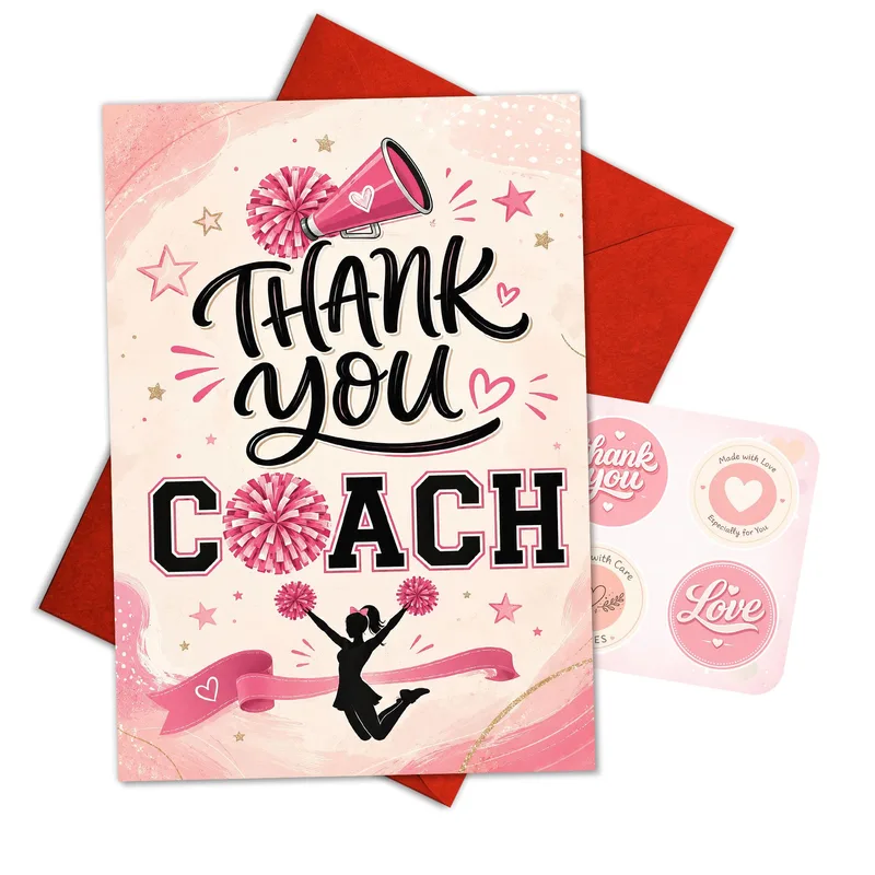 Thank You Cheer Coach Card with Pink Pom Poms and Megaphone