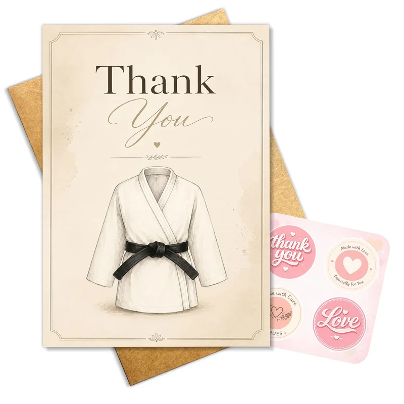 Karate Instructor Thank You Card with a Classic Gi and Black Belt