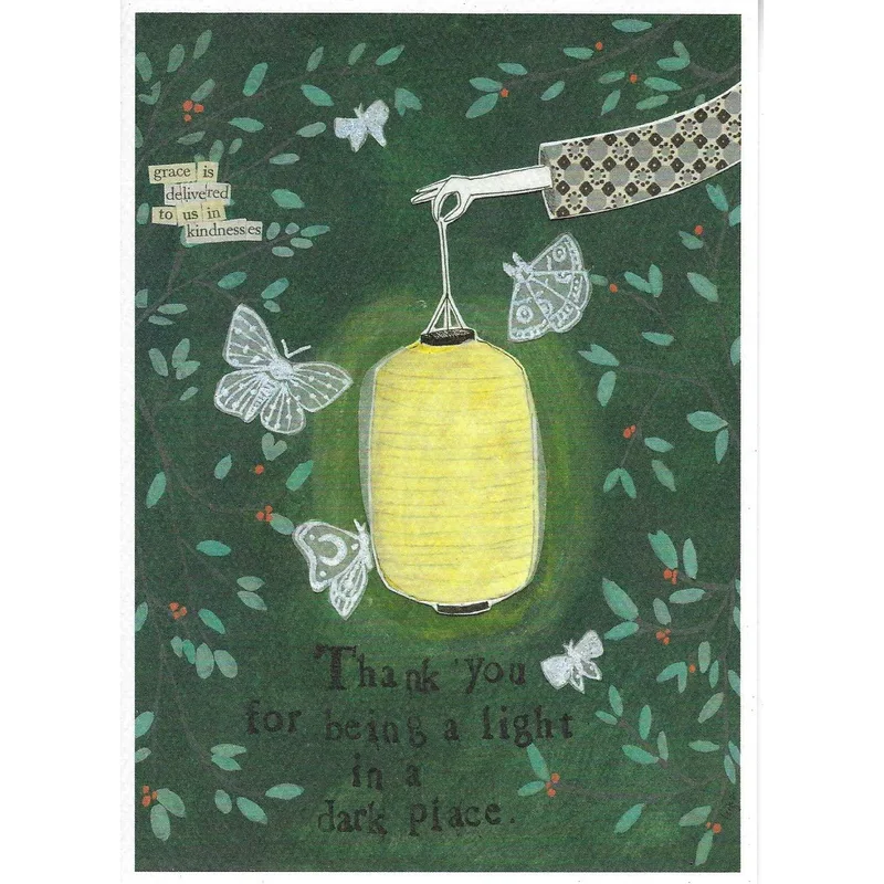 Light in Dark Place Card: A Lantern and Moths Illustration