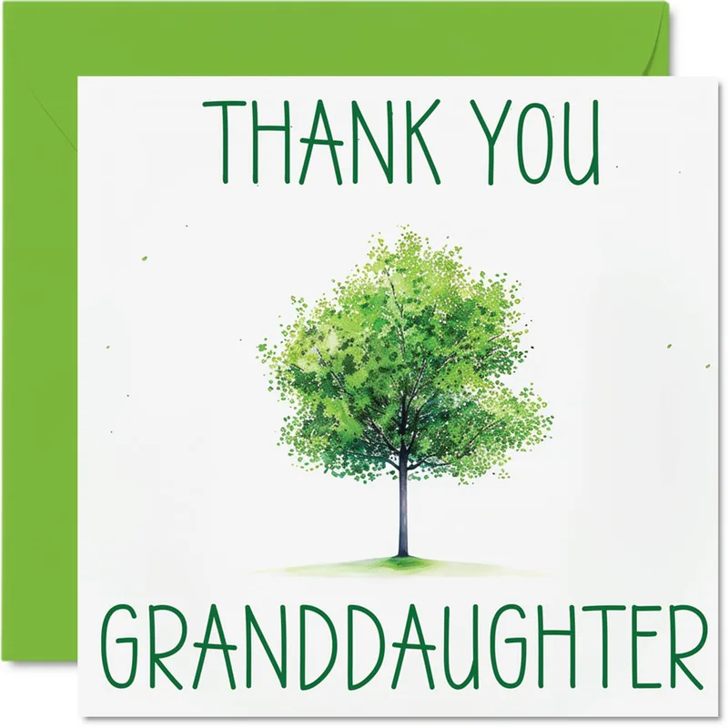 Granddaughter Thank You Card with Green Watercolor Tree Design