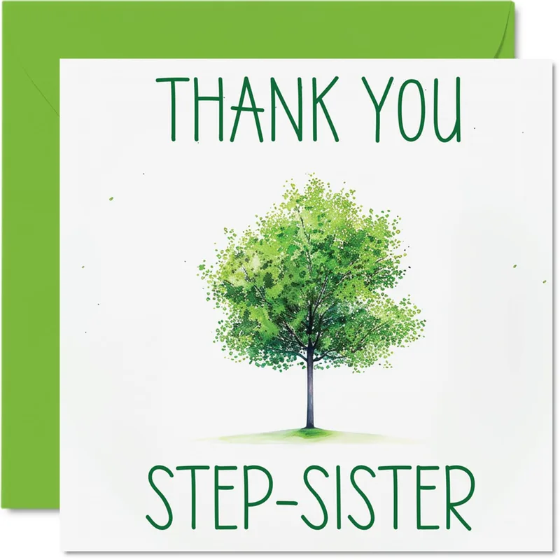 Step Sister Thank You Card with Green Watercolor Tree Design