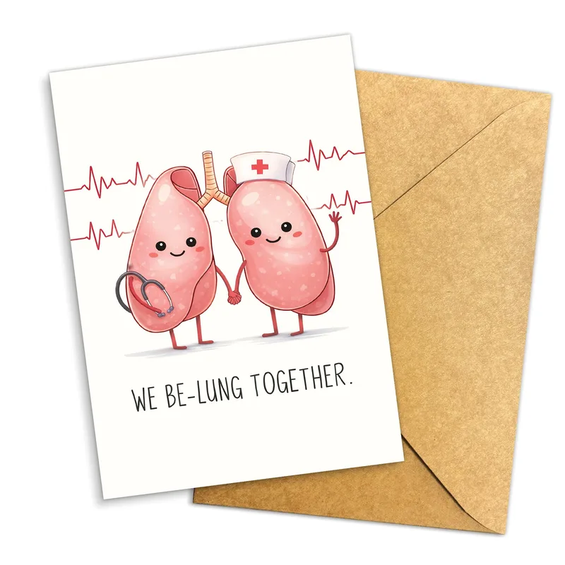 Lung Pun Card – Cartoon lungs holding hands with text We Be-Lung Together – Greeting Card in natural