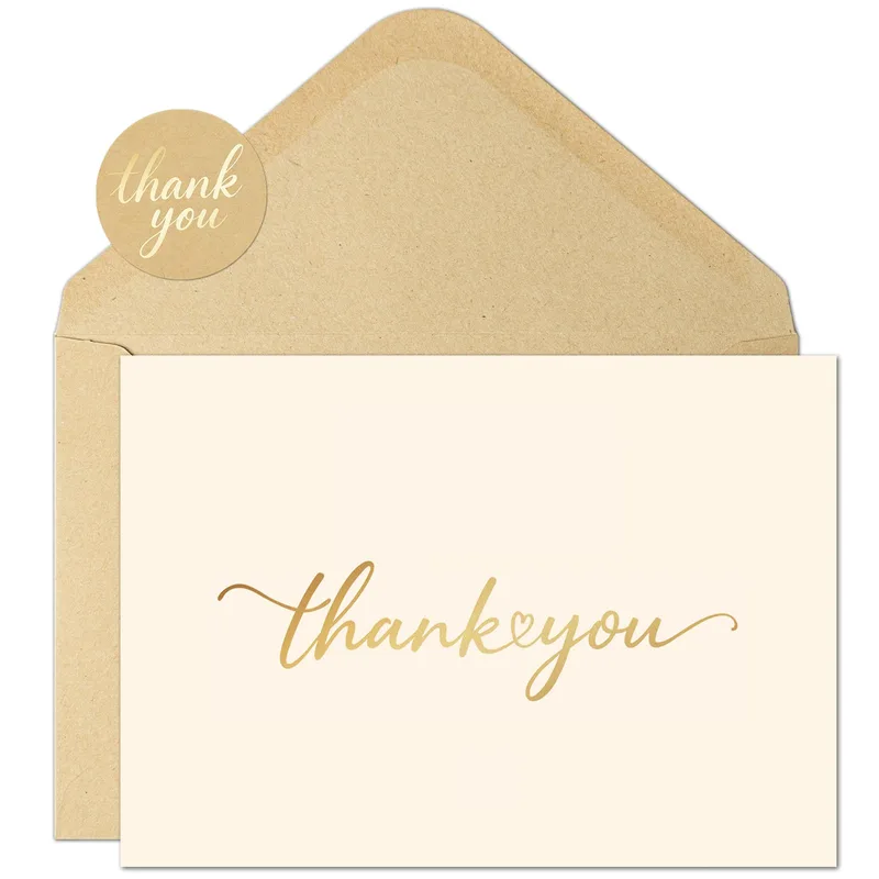 Gold Calligraphy Thank Card with Elegant Script and Heart Detail