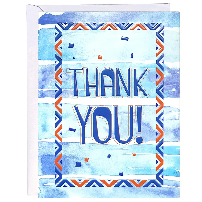 Blue Geometric Border Thank You Card with Watercolor Frame