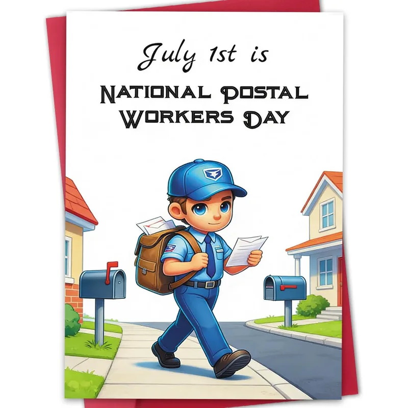 Cartoon Blue Postal Worker Card Celebrating July 1st
