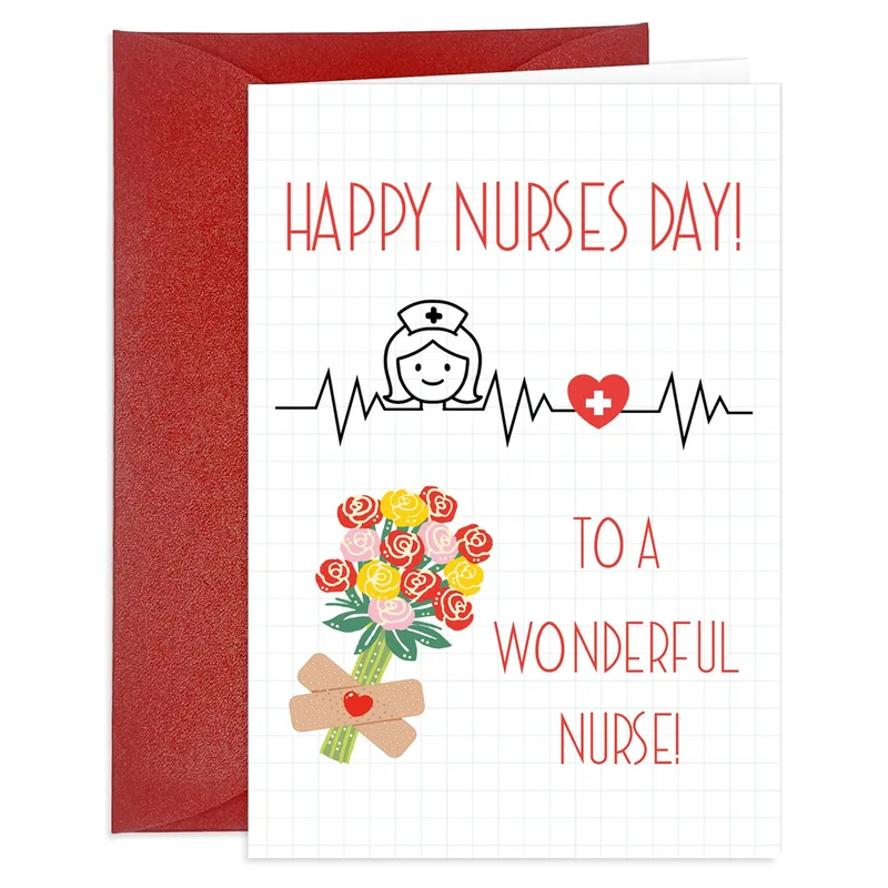 Cartoon Nurse EKG Card – Nurse character with heartbeat line and bandaged flower bouquet – Greeting Card in natural