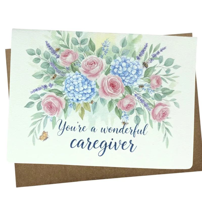 Pink Blue Flowers Thank You Card for Dedicated Caregivers