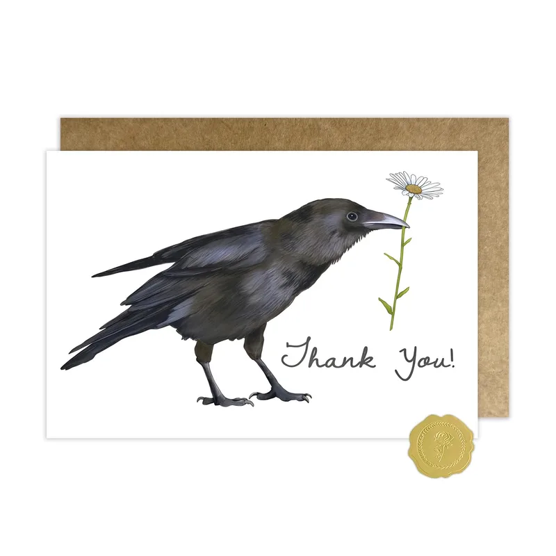 Crow White Flower Thank You Card for Dark Humor Lovers