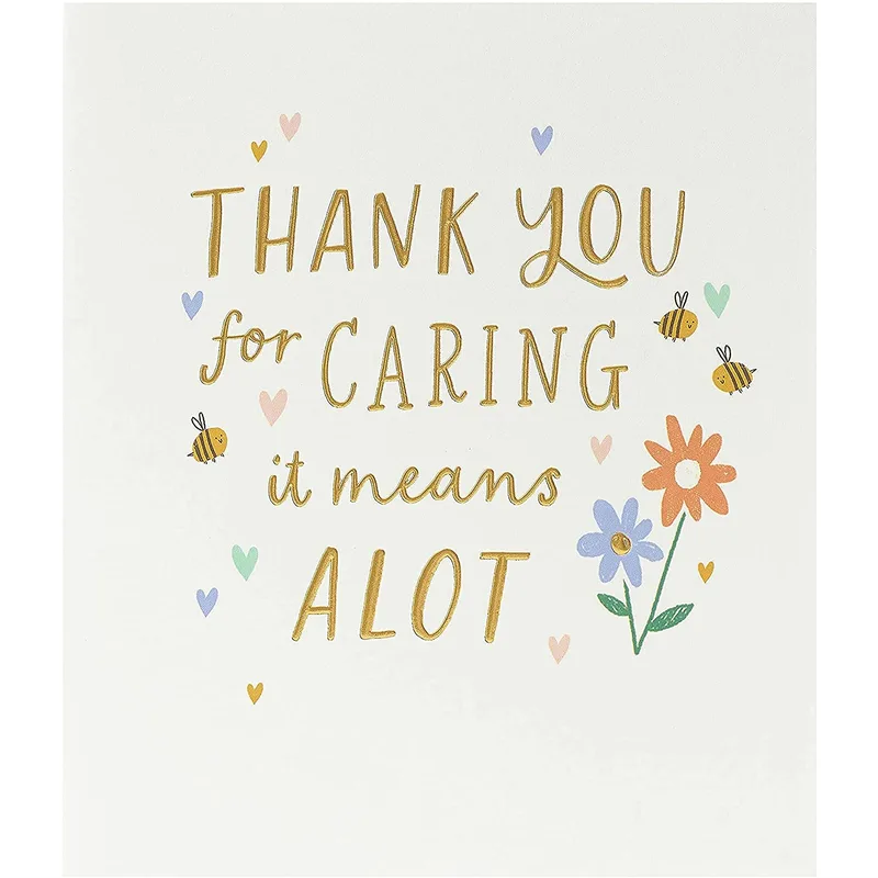 Script Bees Flowers Thank You Card: Caring Means A Lot Design