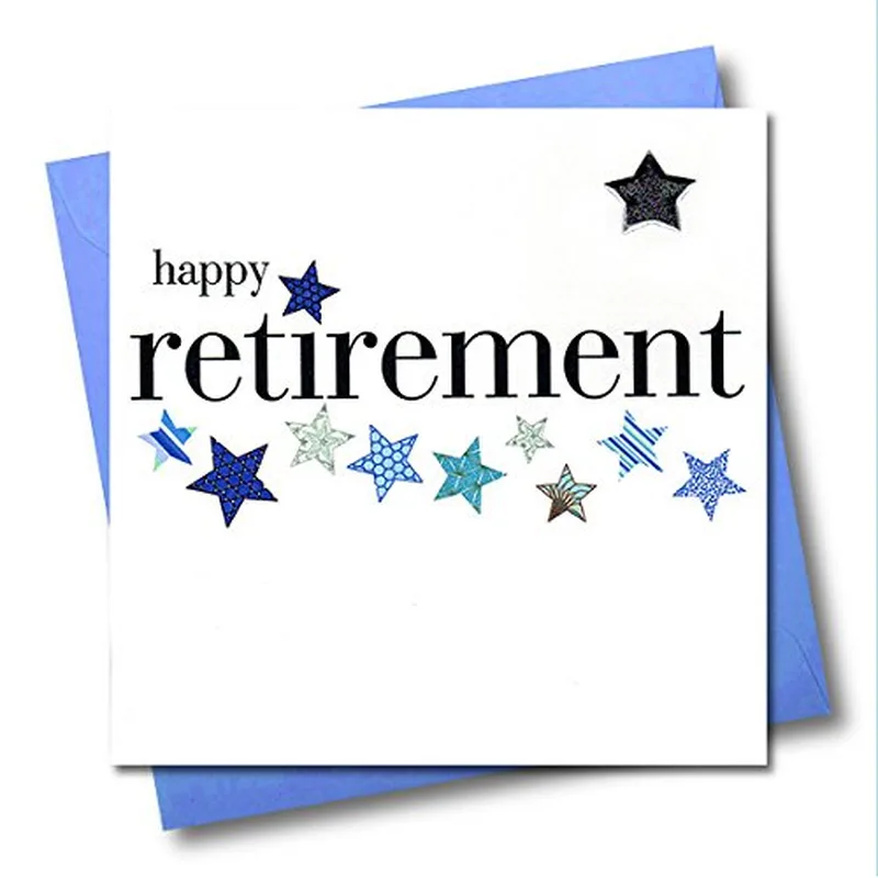 Stars Script White Retirement Card features blue stars