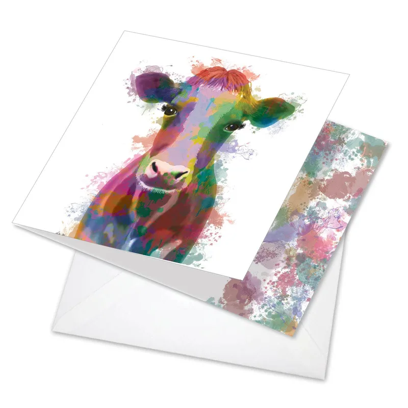 Rainbow Watercolor Cow Card: A Vibrant Thank You Greeting