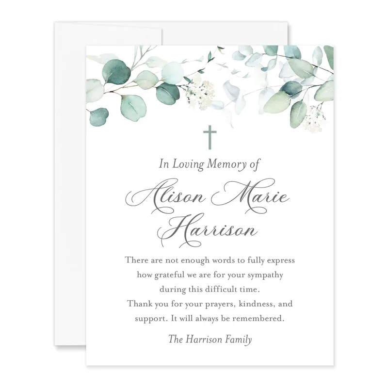 Eucalyptus Cross Memorial Sympathy Card honors a loved one